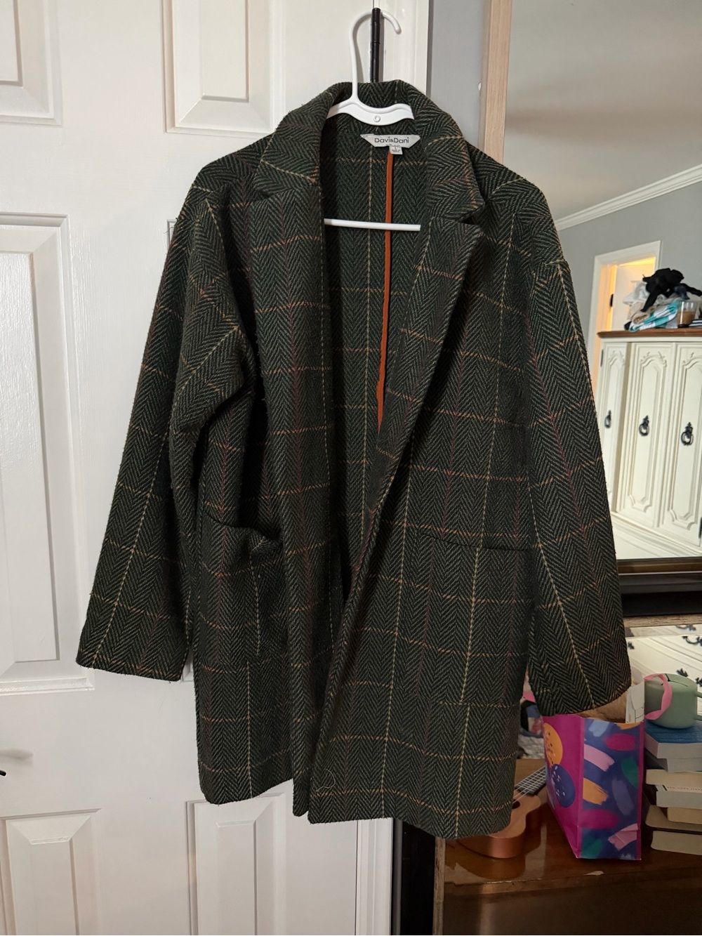 Green Plaid Wool-Blend Long Coat